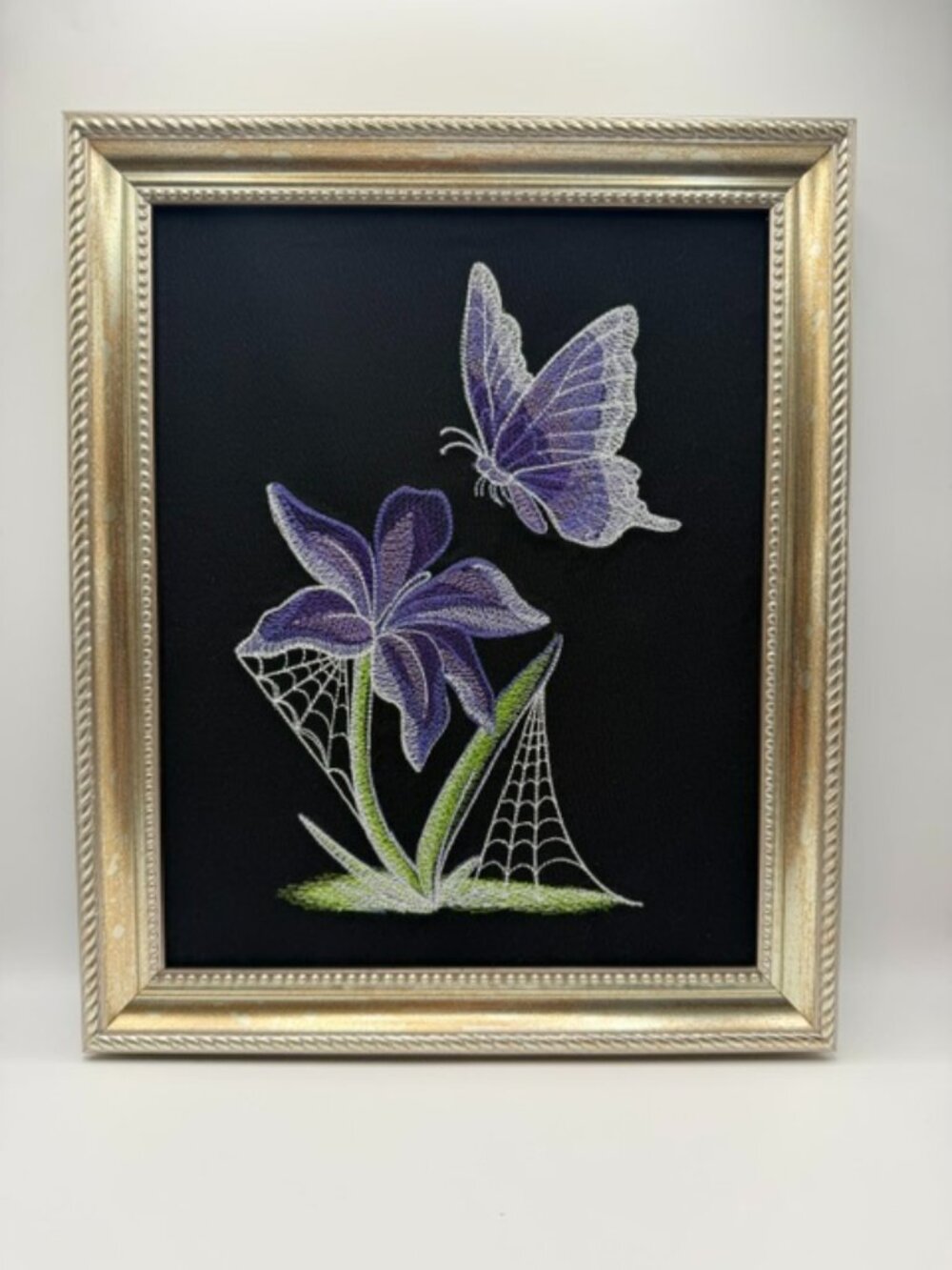 Homemade Purple & Green Butterfly & Flower 8X10 Framed Embroidery Art